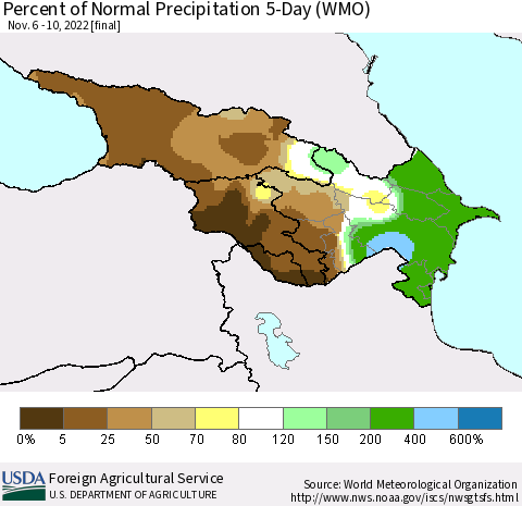 Azerbaijan, Armenia and Georgia Percent of Normal Precipitation 5-Day (WMO) Thematic Map For 11/6/2022 - 11/10/2022