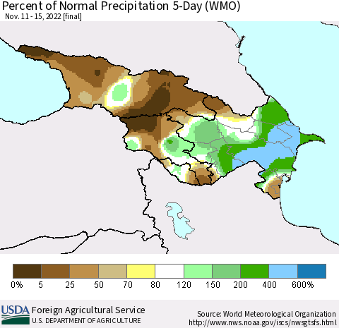 Azerbaijan, Armenia and Georgia Percent of Normal Precipitation 5-Day (WMO) Thematic Map For 11/11/2022 - 11/15/2022