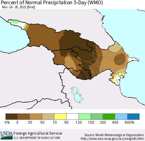Azerbaijan, Armenia and Georgia Percent of Normal Precipitation 5-Day (WMO) Thematic Map For 11/16/2022 - 11/20/2022