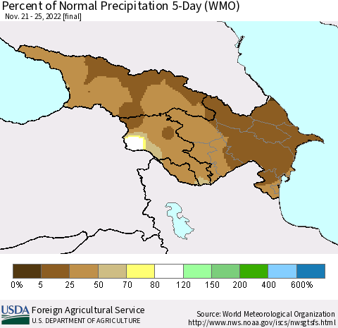 Azerbaijan, Armenia and Georgia Percent of Normal Precipitation 5-Day (WMO) Thematic Map For 11/21/2022 - 11/25/2022