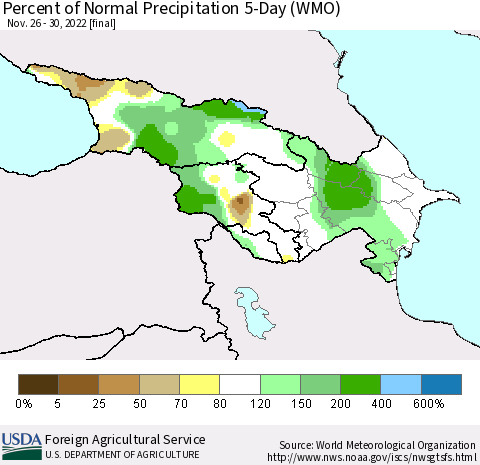 Azerbaijan, Armenia and Georgia Percent of Normal Precipitation 5-Day (WMO) Thematic Map For 11/26/2022 - 11/30/2022