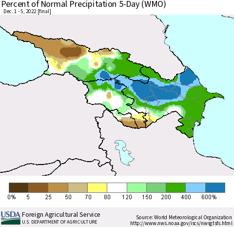 Azerbaijan, Armenia and Georgia Percent of Normal Precipitation 5-Day (WMO) Thematic Map For 12/1/2022 - 12/5/2022