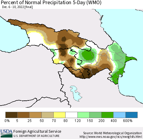 Azerbaijan, Armenia and Georgia Percent of Normal Precipitation 5-Day (WMO) Thematic Map For 12/6/2022 - 12/10/2022