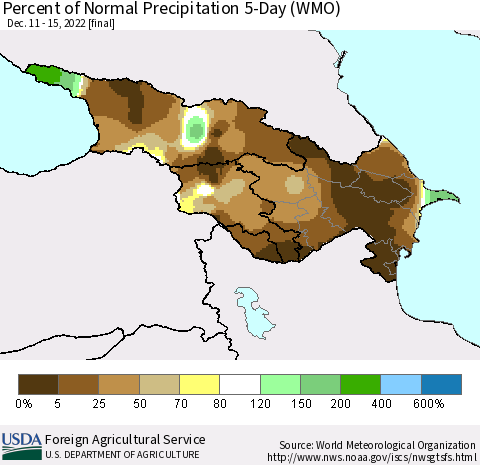 Azerbaijan, Armenia and Georgia Percent of Normal Precipitation 5-Day (WMO) Thematic Map For 12/11/2022 - 12/15/2022