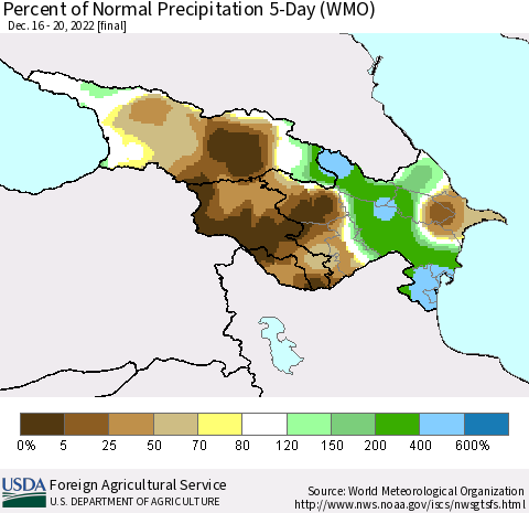Azerbaijan, Armenia and Georgia Percent of Normal Precipitation 5-Day (WMO) Thematic Map For 12/16/2022 - 12/20/2022