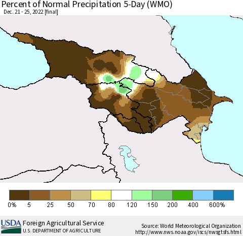 Azerbaijan, Armenia and Georgia Percent of Normal Precipitation 5-Day (WMO) Thematic Map For 12/21/2022 - 12/25/2022