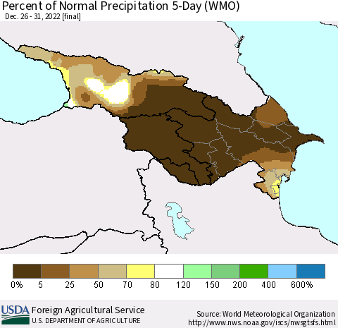 Azerbaijan, Armenia and Georgia Percent of Normal Precipitation 5-Day (WMO) Thematic Map For 12/26/2022 - 12/31/2022