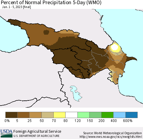Azerbaijan, Armenia and Georgia Percent of Normal Precipitation 5-Day (WMO) Thematic Map For 1/1/2023 - 1/5/2023