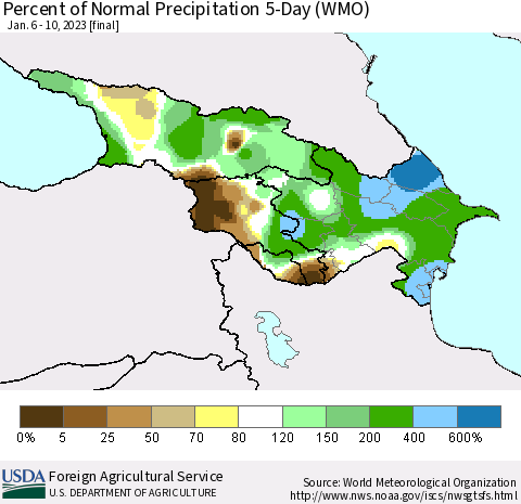 Azerbaijan, Armenia and Georgia Percent of Normal Precipitation 5-Day (WMO) Thematic Map For 1/6/2023 - 1/10/2023