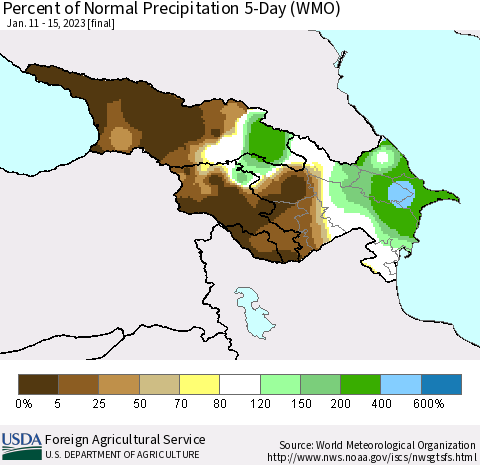 Azerbaijan, Armenia and Georgia Percent of Normal Precipitation 5-Day (WMO) Thematic Map For 1/11/2023 - 1/15/2023