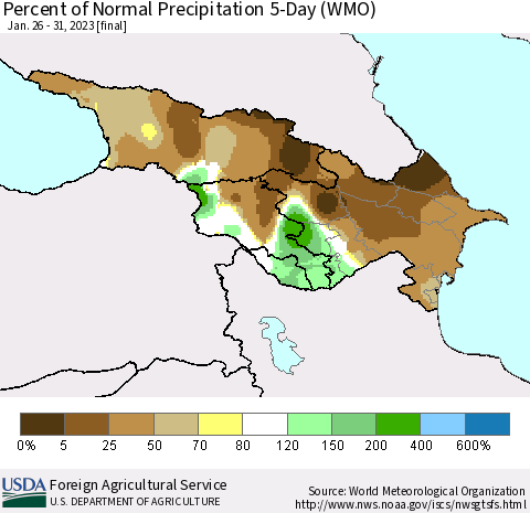 Azerbaijan, Armenia and Georgia Percent of Normal Precipitation 5-Day (WMO) Thematic Map For 1/26/2023 - 1/31/2023
