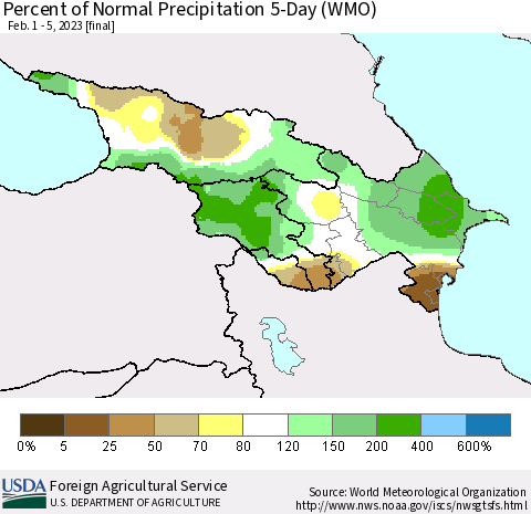 Azerbaijan, Armenia and Georgia Percent of Normal Precipitation 5-Day (WMO) Thematic Map For 2/1/2023 - 2/5/2023