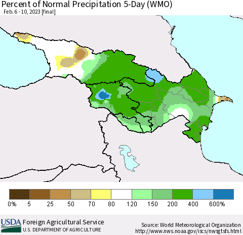 Azerbaijan, Armenia and Georgia Percent of Normal Precipitation 5-Day (WMO) Thematic Map For 2/6/2023 - 2/10/2023