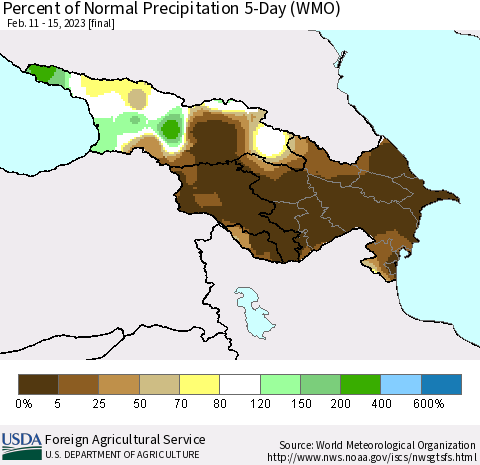 Azerbaijan, Armenia and Georgia Percent of Normal Precipitation 5-Day (WMO) Thematic Map For 2/11/2023 - 2/15/2023