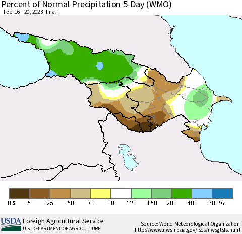 Azerbaijan, Armenia and Georgia Percent of Normal Precipitation 5-Day (WMO) Thematic Map For 2/16/2023 - 2/20/2023