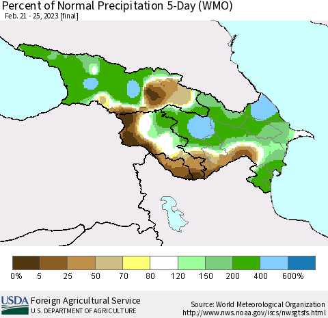 Azerbaijan, Armenia and Georgia Percent of Normal Precipitation 5-Day (WMO) Thematic Map For 2/21/2023 - 2/25/2023