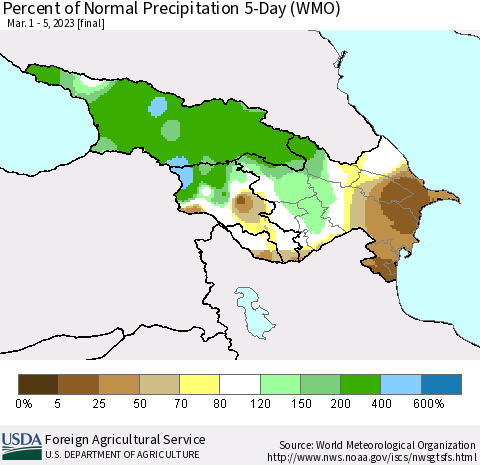 Azerbaijan, Armenia and Georgia Percent of Normal Precipitation 5-Day (WMO) Thematic Map For 3/1/2023 - 3/5/2023