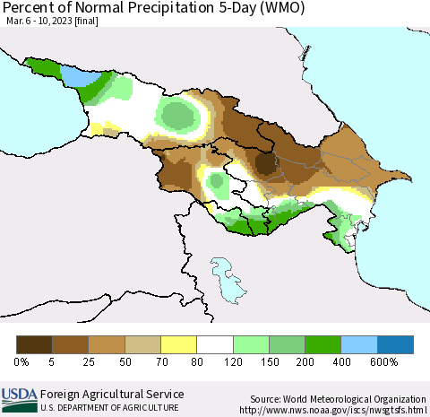 Azerbaijan, Armenia and Georgia Percent of Normal Precipitation 5-Day (WMO) Thematic Map For 3/6/2023 - 3/10/2023