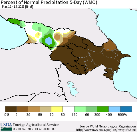 Azerbaijan, Armenia and Georgia Percent of Normal Precipitation 5-Day (WMO) Thematic Map For 3/11/2023 - 3/15/2023