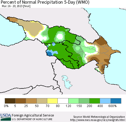 Azerbaijan, Armenia and Georgia Percent of Normal Precipitation 5-Day (WMO) Thematic Map For 3/16/2023 - 3/20/2023