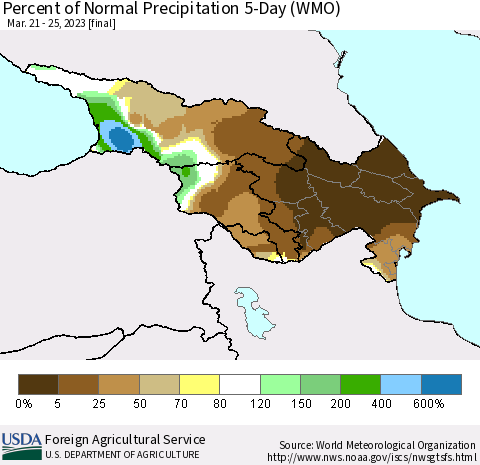 Azerbaijan, Armenia and Georgia Percent of Normal Precipitation 5-Day (WMO) Thematic Map For 3/21/2023 - 3/25/2023