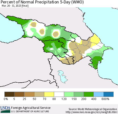 Azerbaijan, Armenia and Georgia Percent of Normal Precipitation 5-Day (WMO) Thematic Map For 3/26/2023 - 3/31/2023