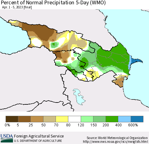 Azerbaijan, Armenia and Georgia Percent of Normal Precipitation 5-Day (WMO) Thematic Map For 4/1/2023 - 4/5/2023