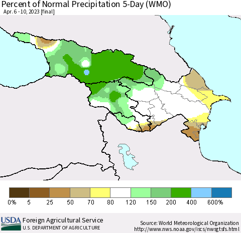 Azerbaijan, Armenia and Georgia Percent of Normal Precipitation 5-Day (WMO) Thematic Map For 4/6/2023 - 4/10/2023