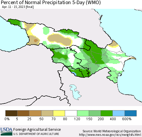 Azerbaijan, Armenia and Georgia Percent of Normal Precipitation 5-Day (WMO) Thematic Map For 4/11/2023 - 4/15/2023