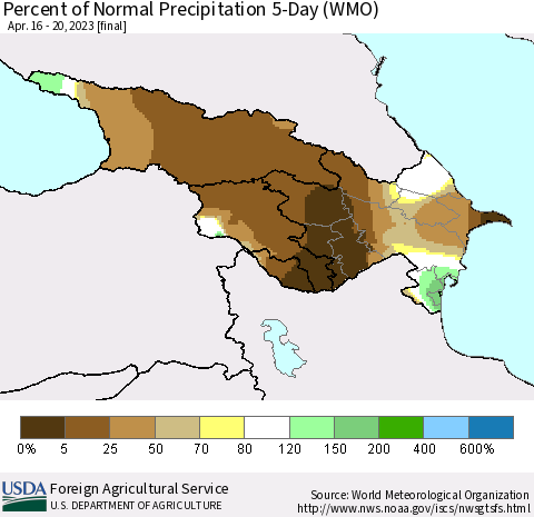 Azerbaijan, Armenia and Georgia Percent of Normal Precipitation 5-Day (WMO) Thematic Map For 4/16/2023 - 4/20/2023