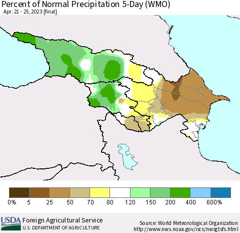 Azerbaijan, Armenia and Georgia Percent of Normal Precipitation 5-Day (WMO) Thematic Map For 4/21/2023 - 4/25/2023