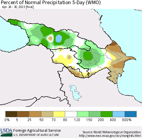 Azerbaijan, Armenia and Georgia Percent of Normal Precipitation 5-Day (WMO) Thematic Map For 4/26/2023 - 4/30/2023