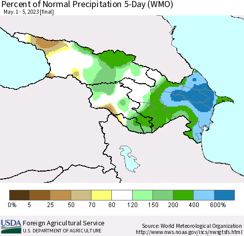 Azerbaijan, Armenia and Georgia Percent of Normal Precipitation 5-Day (WMO) Thematic Map For 5/1/2023 - 5/5/2023