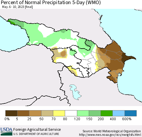 Azerbaijan, Armenia and Georgia Percent of Normal Precipitation 5-Day (WMO) Thematic Map For 5/6/2023 - 5/10/2023