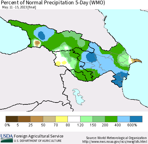 Azerbaijan, Armenia and Georgia Percent of Normal Precipitation 5-Day (WMO) Thematic Map For 5/11/2023 - 5/15/2023