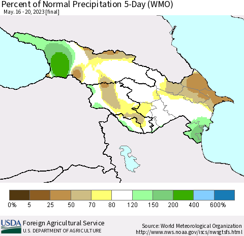 Azerbaijan, Armenia and Georgia Percent of Normal Precipitation 5-Day (WMO) Thematic Map For 5/16/2023 - 5/20/2023