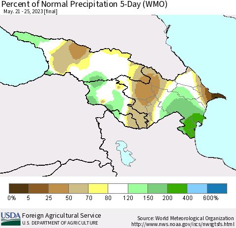 Azerbaijan, Armenia and Georgia Percent of Normal Precipitation 5-Day (WMO) Thematic Map For 5/21/2023 - 5/25/2023
