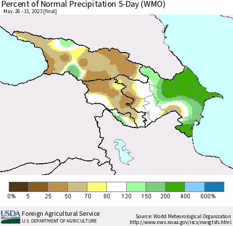 Azerbaijan, Armenia and Georgia Percent of Normal Precipitation 5-Day (WMO) Thematic Map For 5/26/2023 - 5/31/2023