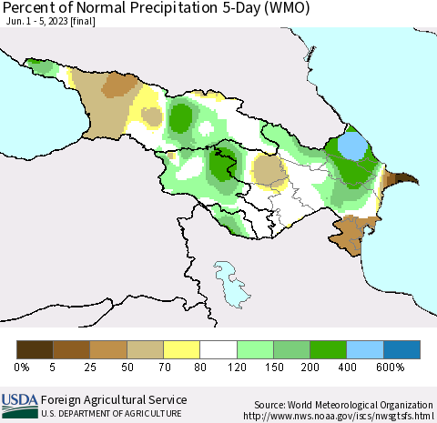 Azerbaijan, Armenia and Georgia Percent of Normal Precipitation 5-Day (WMO) Thematic Map For 6/1/2023 - 6/5/2023