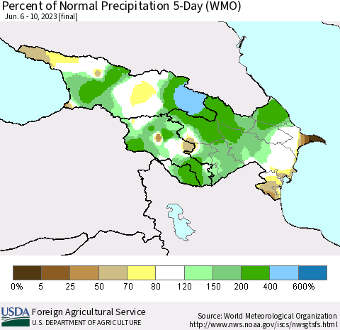 Azerbaijan, Armenia and Georgia Percent of Normal Precipitation 5-Day (WMO) Thematic Map For 6/6/2023 - 6/10/2023