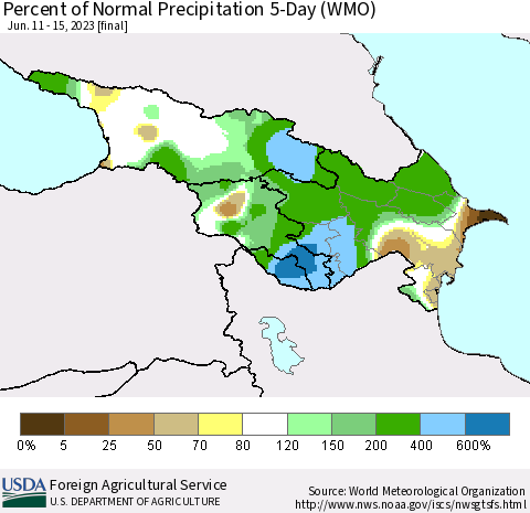 Azerbaijan, Armenia and Georgia Percent of Normal Precipitation 5-Day (WMO) Thematic Map For 6/11/2023 - 6/15/2023