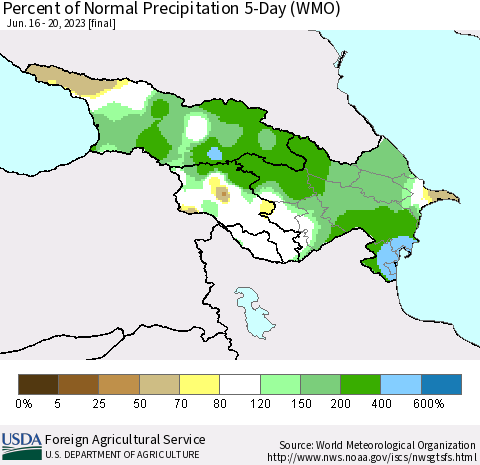Azerbaijan, Armenia and Georgia Percent of Normal Precipitation 5-Day (WMO) Thematic Map For 6/16/2023 - 6/20/2023