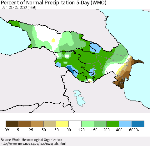 Azerbaijan, Armenia and Georgia Percent of Normal Precipitation 5-Day (WMO) Thematic Map For 6/21/2023 - 6/25/2023