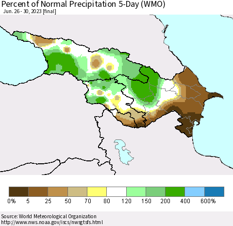 Azerbaijan, Armenia and Georgia Percent of Normal Precipitation 5-Day (WMO) Thematic Map For 6/26/2023 - 6/30/2023
