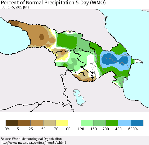 Azerbaijan, Armenia and Georgia Percent of Normal Precipitation 5-Day (WMO) Thematic Map For 7/1/2023 - 7/5/2023