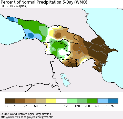 Azerbaijan, Armenia and Georgia Percent of Normal Precipitation 5-Day (WMO) Thematic Map For 7/6/2023 - 7/10/2023