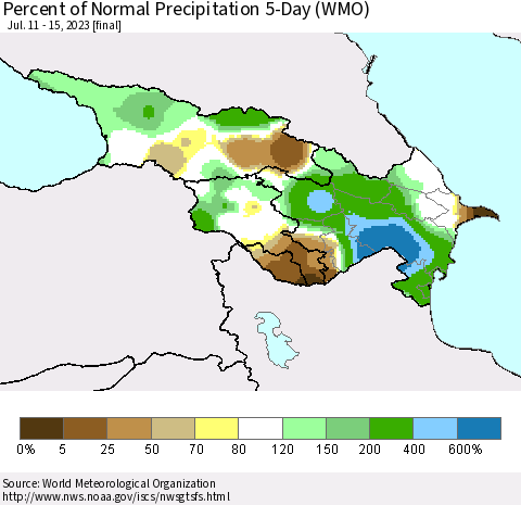 Azerbaijan, Armenia and Georgia Percent of Normal Precipitation 5-Day (WMO) Thematic Map For 7/11/2023 - 7/15/2023