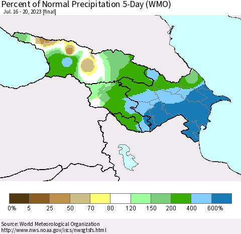 Azerbaijan, Armenia and Georgia Percent of Normal Precipitation 5-Day (WMO) Thematic Map For 7/16/2023 - 7/20/2023