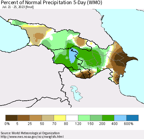 Azerbaijan, Armenia and Georgia Percent of Normal Precipitation 5-Day (WMO) Thematic Map For 7/21/2023 - 7/25/2023