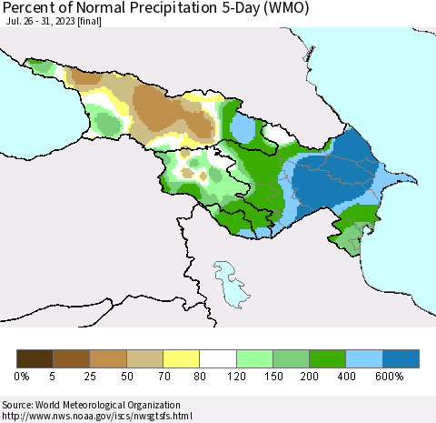Azerbaijan, Armenia and Georgia Percent of Normal Precipitation 5-Day (WMO) Thematic Map For 7/26/2023 - 7/31/2023